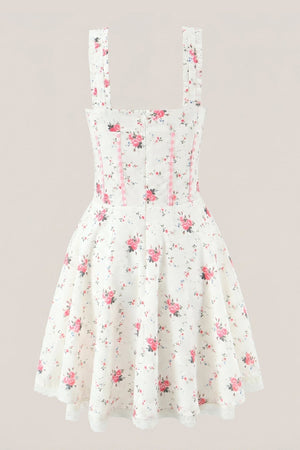 White Warm Rose Print Cotton Mini Dress - SHE IS ME Dresses