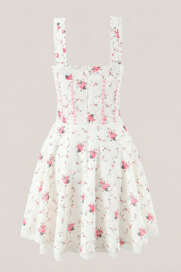 White Warm Rose Print Cotton Mini Dress - SHE IS ME Dresses