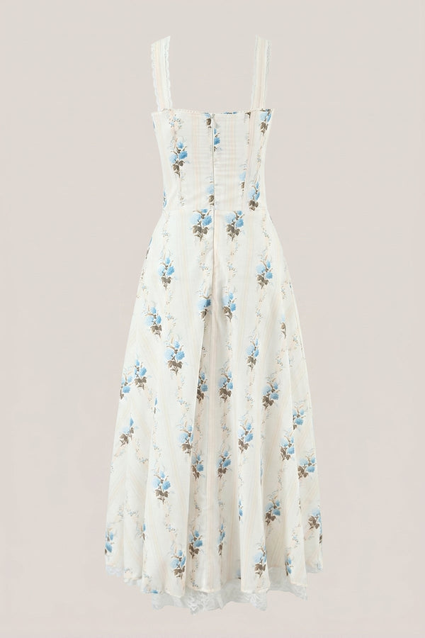 White Warm Rose Print Cotton Ruffled Midi Dress - SHE IS ME Dresses