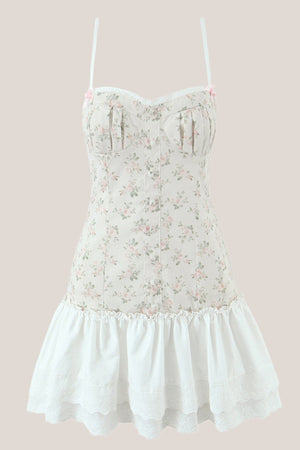 White Warm Rose Print Cotton Ruffled Mini Dress - SHE IS ME Dresses