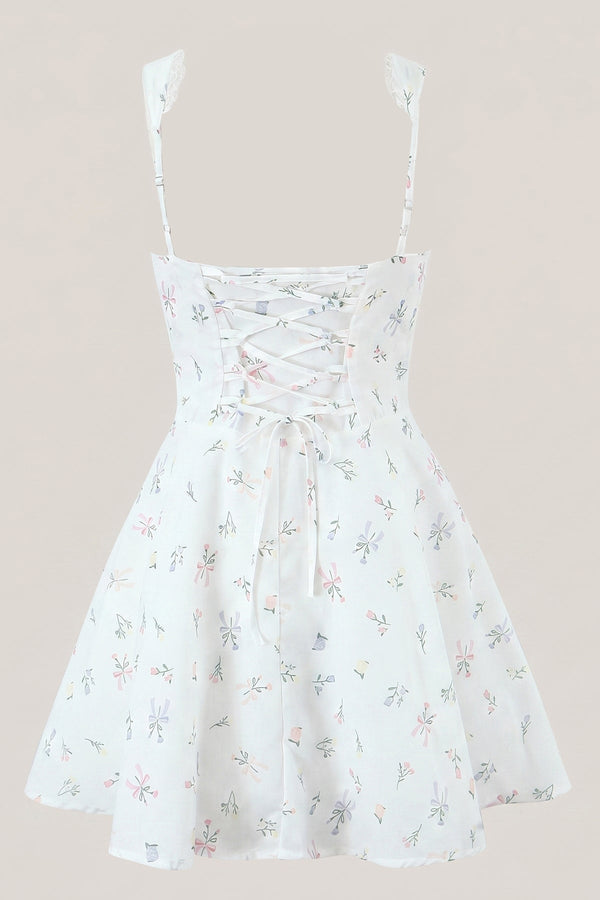 White Warm Rose Print Cotton Ruffled Mini Dress - SHE IS ME Dresses