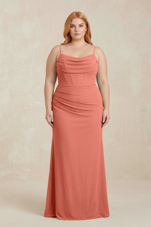 Wild Rose Cowl Neck Sheath Chiffon Bridesmaid Dress with Corset | KISSBRIDAL
