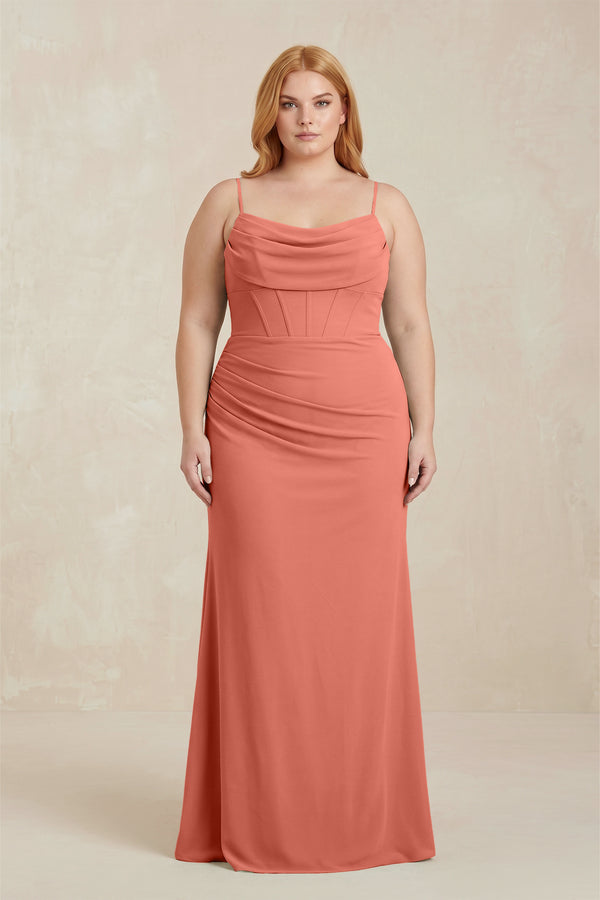 Wild Rose Cowl Neck Sheath Chiffon Bridesmaid Dress with Corset | KISSBRIDAL