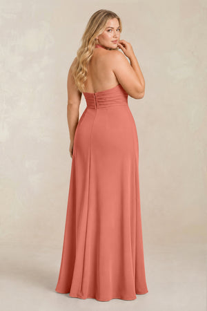 Wild Rose High Neck Chiffon Sheath Ruched Bridesmaid Dress (2) [sizeplus] | KISSBRIDAL