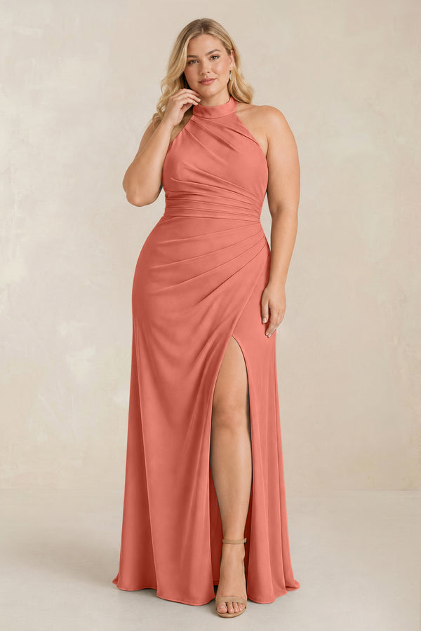 Wild Rose High Neck Chiffon Sheath Ruched Bridesmaid Dress [sizeplus] | KISSBRIDAL