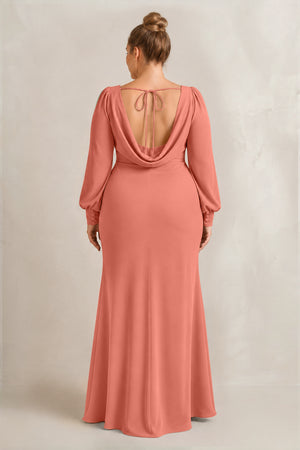 Wild Rose Long Sleeve V-Neck Sheath Chiffon Bridesmaid Dress (2) [sizeplus] | KISSBRIDAL