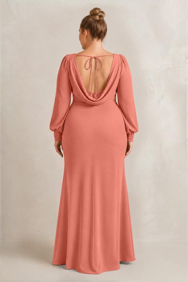 Wild Rose Long Sleeve V-Neck Sheath Chiffon Bridesmaid Dress (2) [sizeplus] | KISSBRIDAL