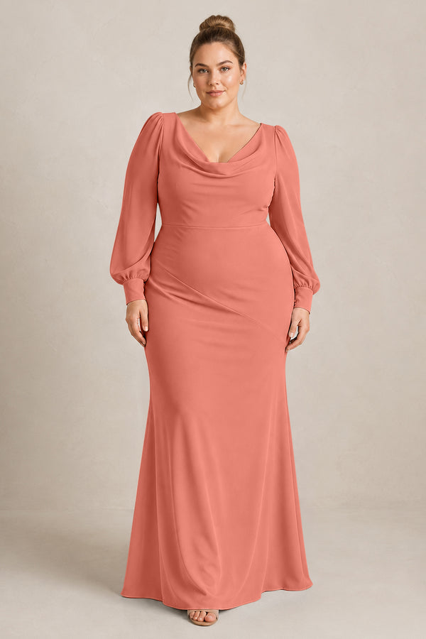 Wild Rose Long Sleeve V-Neck Sheath Chiffon Bridesmaid Dress [sizeplus] | KISSBRIDAL