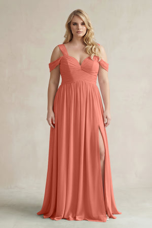 Wild Rose Off-the-Shoulder A-Line Chiffon Bridesmaid Dress With Slit | KISSBRIDAL