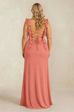 Wild Rose Ruffled Sleeve Ruched Sheath Chiffon Bridesmaid Dress (2) [sizeplus] | KISSBRIDAL
