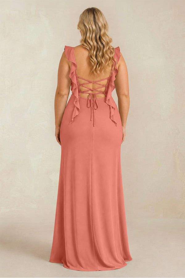 Wild Rose Ruffled Sleeve Ruched Sheath Chiffon Bridesmaid Dress (2) [sizeplus] | KISSBRIDAL