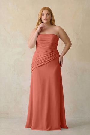 Wild Rose Sheath Chiffon Strapless Pleated Bridesmaid Dress (3) | KISSBRIDAL[sizeplus]