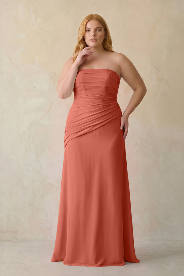 Wild Rose Sheath Chiffon Strapless Pleated Bridesmaid Dress (3) | KISSBRIDAL[sizeplus]