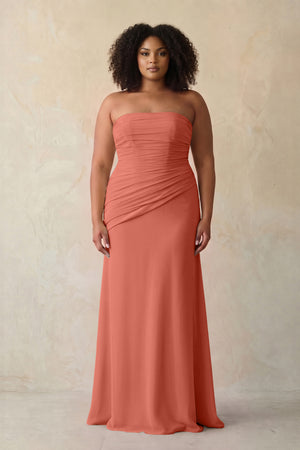 Wild Rose Sheath Chiffon Strapless Pleated Bridesmaid Dress | KISSBRIDAL[sizeplus]