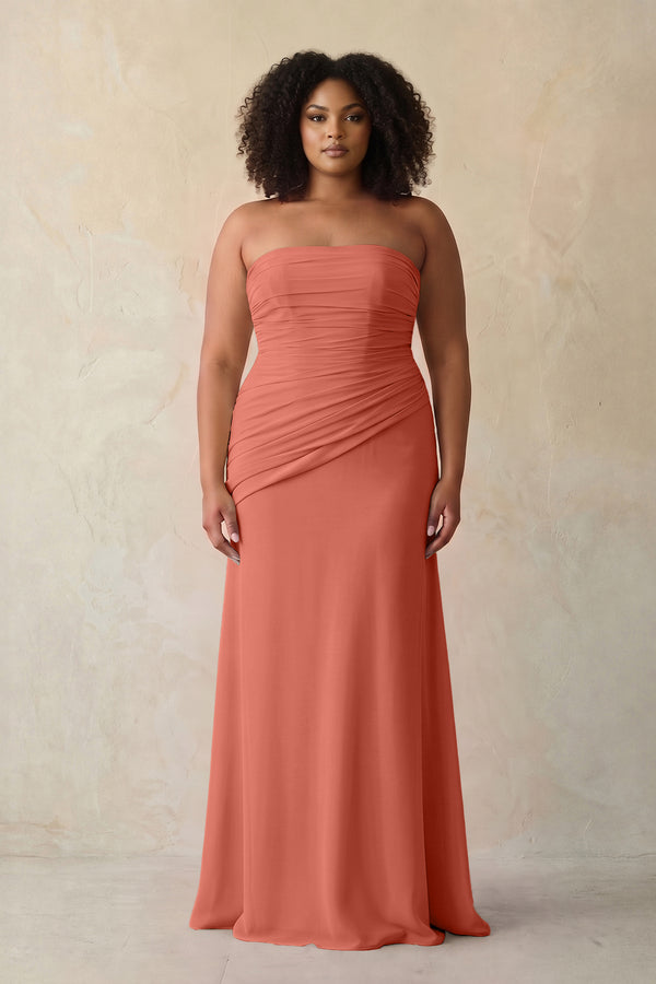 Wild Rose Sheath Chiffon Strapless Pleated Bridesmaid Dress | KISSBRIDAL[sizeplus]