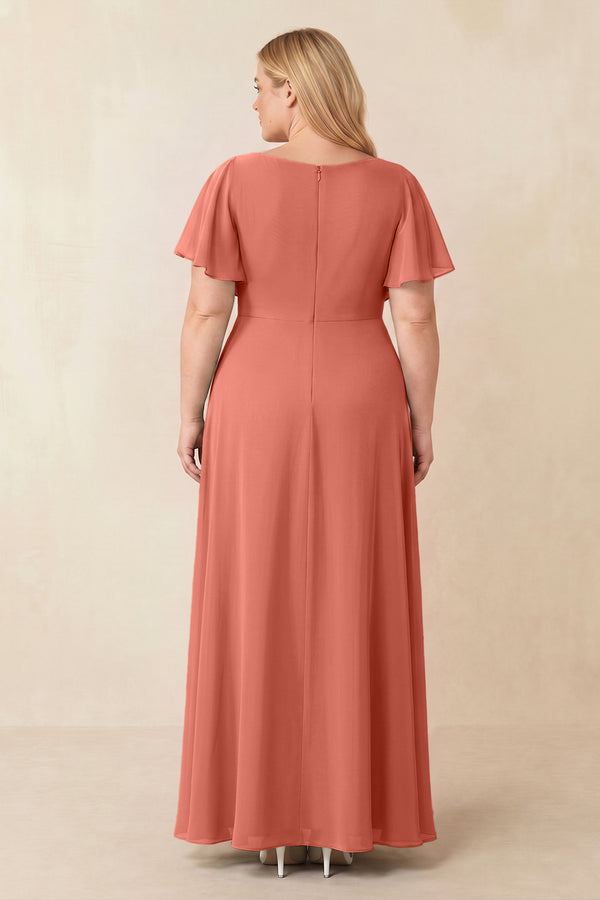 Wild Rose Short Sleeves Bateau A-Line Chiffon Bridesmaid Dress (2) [sizeplus] | KISSBRIDAL