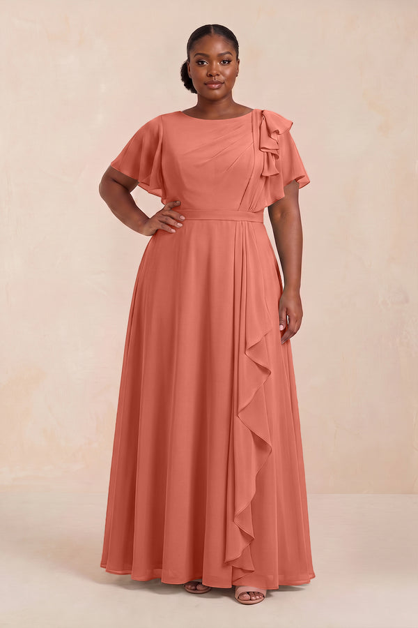 Wild Rose Short Sleeves Bateau A-Line Chiffon Bridesmaid Dress (3) [sizeplus] | KISSBRIDAL