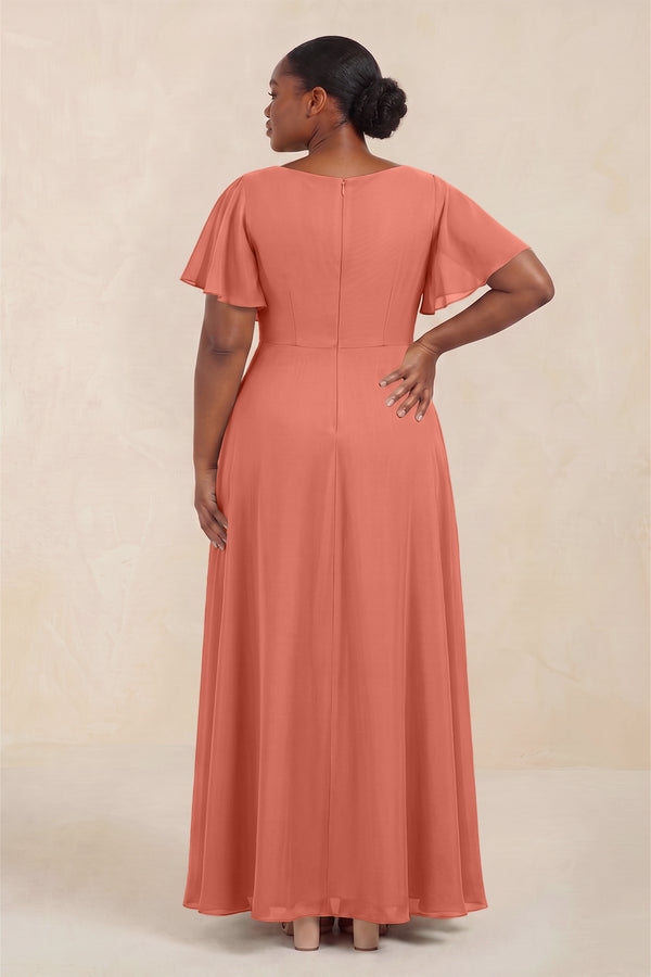 Wild Rose Short Sleeves Bateau A-Line Chiffon Bridesmaid Dress (4) [sizeplus] | KISSBRIDAL