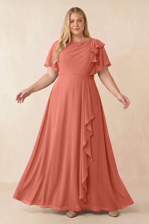 Wild Rose Short Sleeves Bateau A-Line Chiffon Bridesmaid Dress [sizeplus] | KISSBRIDAL