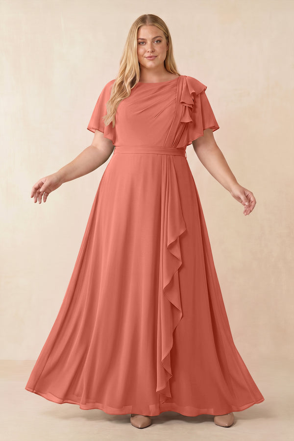 Wild Rose Short Sleeves Bateau A-Line Chiffon Bridesmaid Dress [sizeplus] | KISSBRIDAL