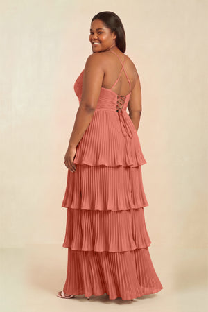 Wild Rose Tiered Pleated V-Neck A-Line Chiffon Bridesmaid Dress (2) [sizeplus] | KISSBRIDAL
