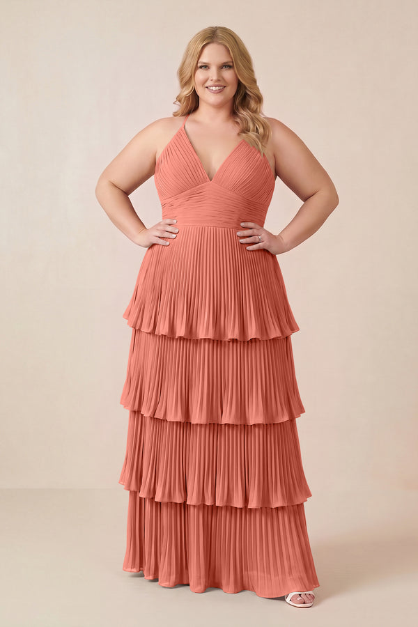 Wild Rose Tiered Pleated V-Neck A-Line Chiffon Bridesmaid Dress (3) [sizeplus] | KISSBRIDAL