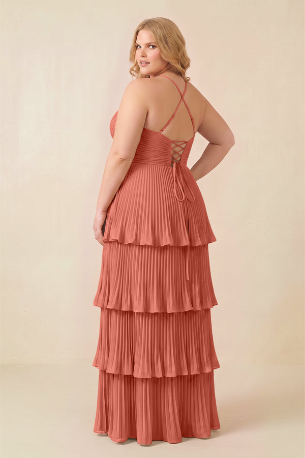 Wild Rose Tiered Pleated V-Neck A-Line Chiffon Bridesmaid Dress (4) [sizeplus] | KISSBRIDAL