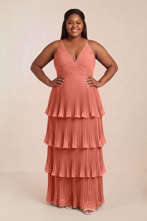Wild Rose Tiered Pleated V-Neck A-Line Chiffon Bridesmaid Dress [sizeplus] | KISSBRIDAL