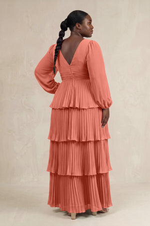 Wild Rose V-Neck Tiered A-Line Long Sleeve Bridesmaid Dress (2) [sizeplus] | KISSBRIDAL