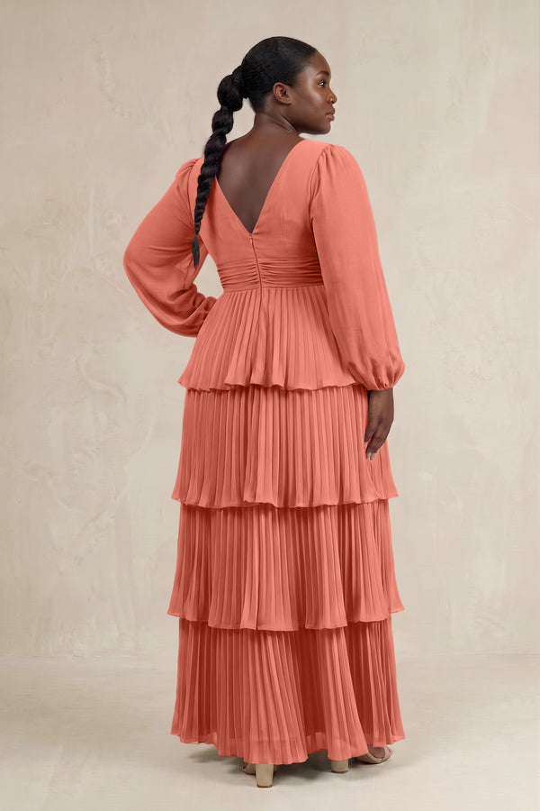 Wild Rose V-Neck Tiered A-Line Long Sleeve Bridesmaid Dress (2) [sizeplus] | KISSBRIDAL