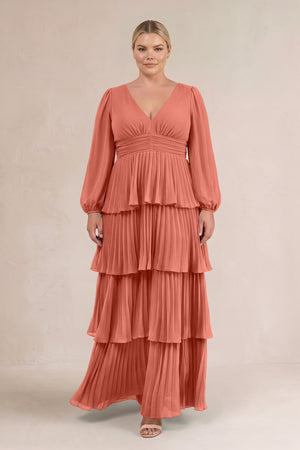 Wild Rose V-Neck Tiered A-Line Long Sleeve Bridesmaid Dress (3) [sizeplus] | KISSBRIDAL