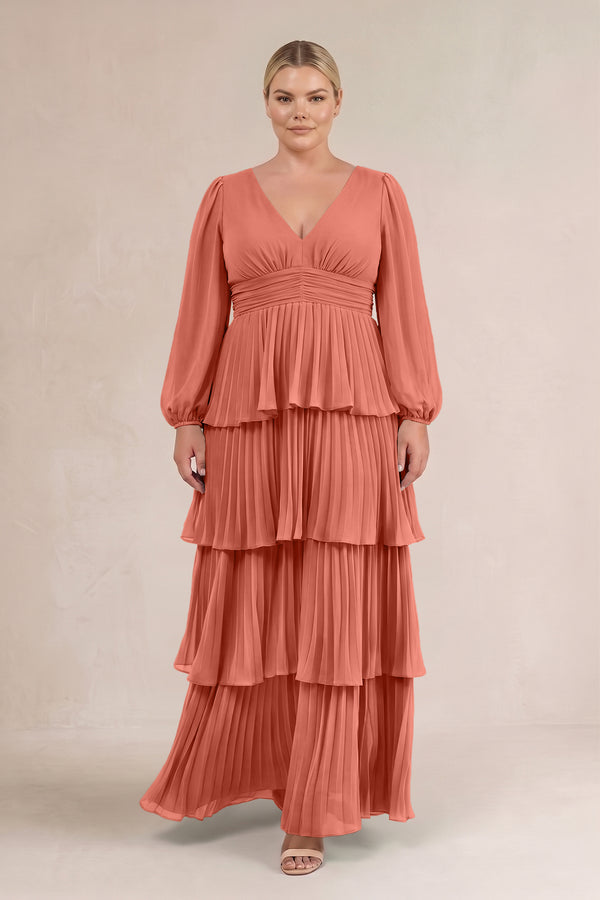 Wild Rose V-Neck Tiered A-Line Long Sleeve Bridesmaid Dress (3) [sizeplus] | KISSBRIDAL