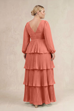 Wild Rose V-Neck Tiered A-Line Long Sleeve Bridesmaid Dress (4) [sizeplus] | KISSBRIDAL