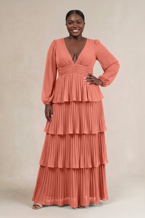Wild Rose V-Neck Tiered A-Line Long Sleeve Bridesmaid Dress [sizeplus] | KISSBRIDAL