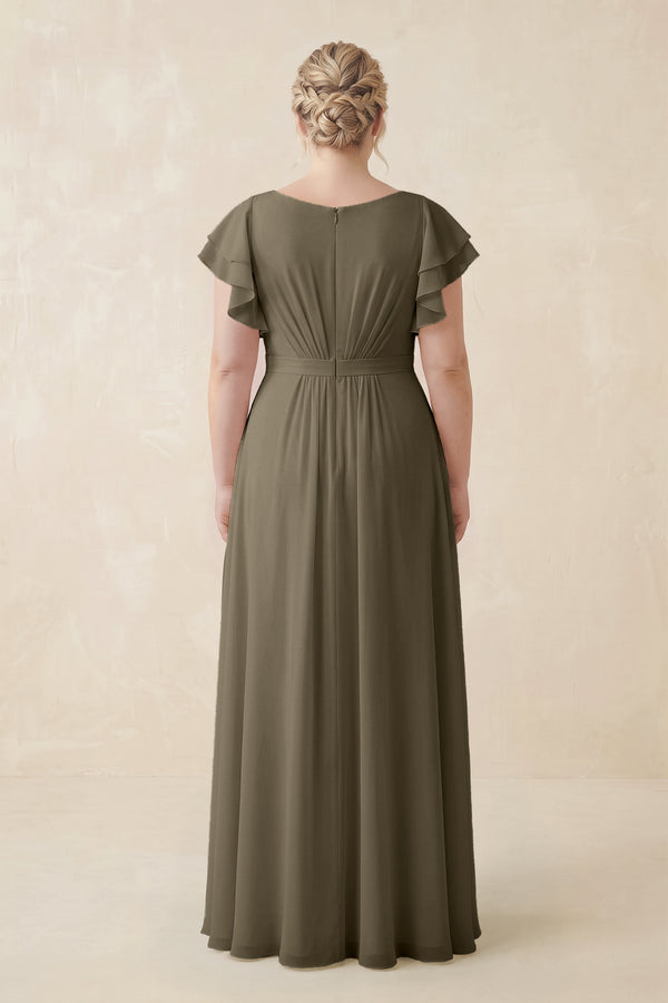 Willow Green Cap Sleeve Ruffled A-Line Chiffon Bridesmaid Dress (2) | KISSBRIDAL