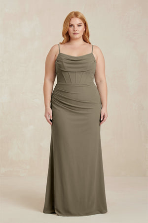 Willow Green Cowl Neck Sheath Chiffon Bridesmaid Dress with Corset [sizeplus]| KISSBRIDAL