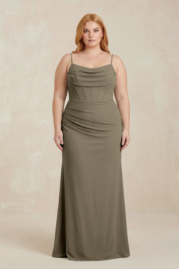 Willow Green Cowl Neck Sheath Chiffon Bridesmaid Dress with Corset [sizeplus]| KISSBRIDAL