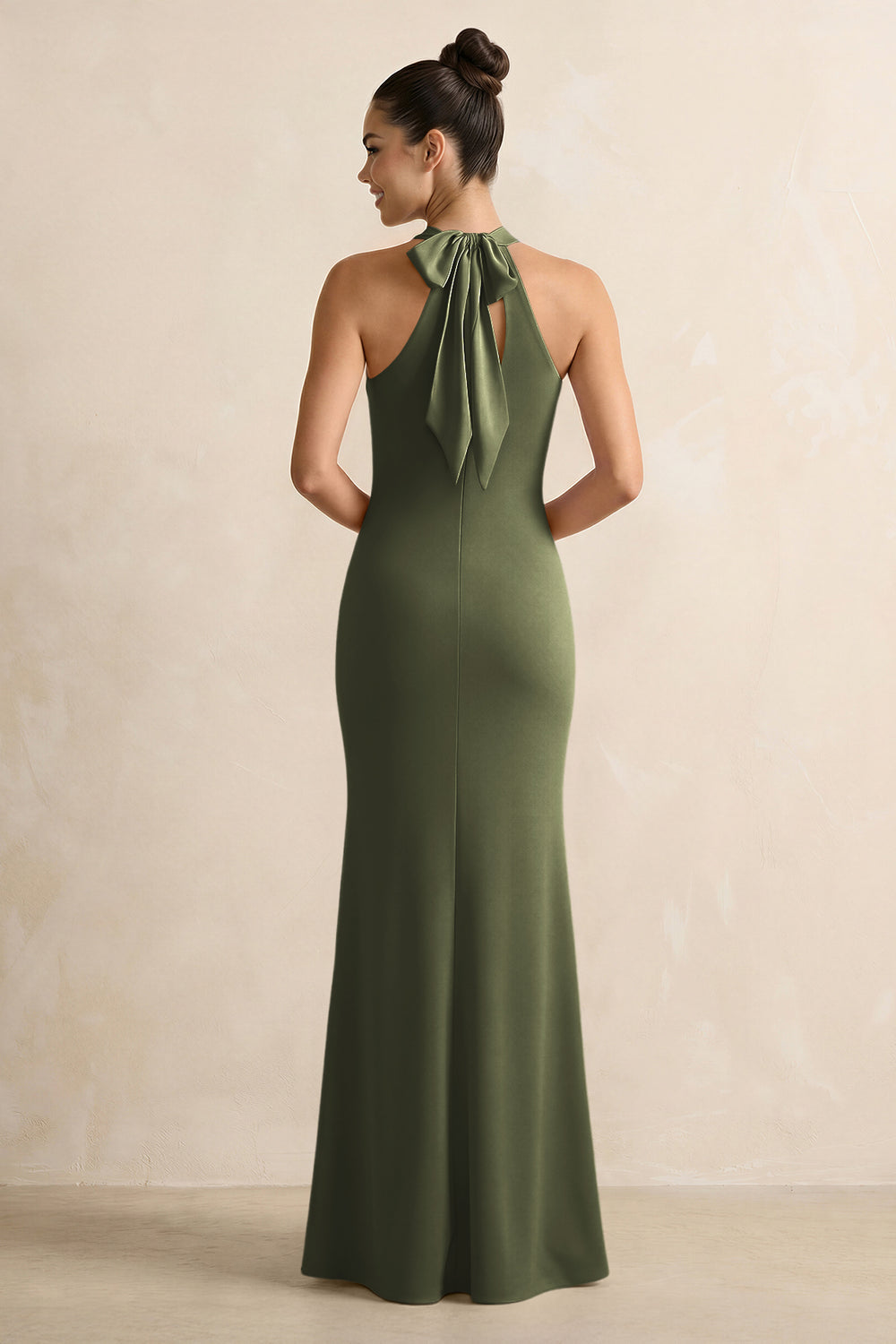 Crisscross Halter Sheath Satin Bridesmaid Dress with Bow in Willow Green