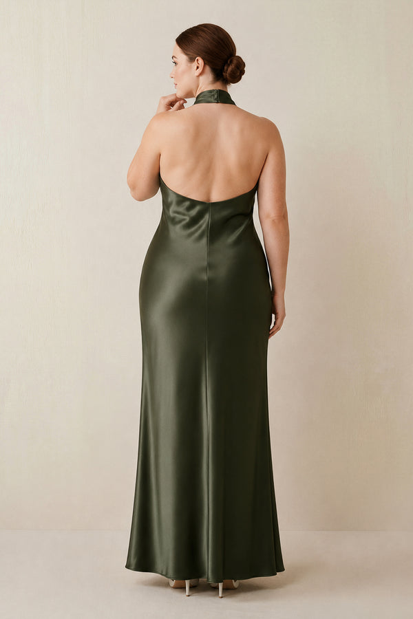 Willow Green Halter Sheath Satin Bridesmaid Dress (2) | KISSBRIDAL[sizeplus]