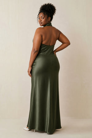 Willow Green Halter Sheath Satin Bridesmaid Dress (3) | KISSBRIDAL[sizeplus]