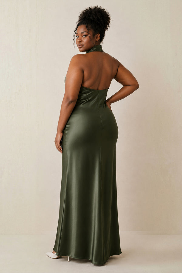 Willow Green Halter Sheath Satin Bridesmaid Dress (3) | KISSBRIDAL[sizeplus]