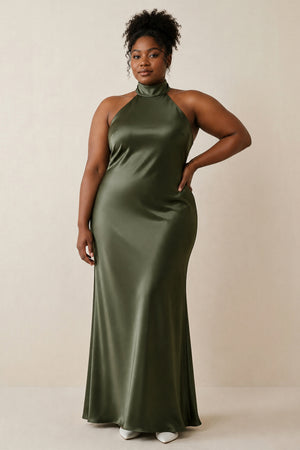 Willow Green Halter Sheath Satin Bridesmaid Dress (4) | KISSBRIDAL[sizeplus]