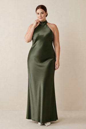 Willow Green Halter Sheath Satin Bridesmaid Dress | KISSBRIDAL[sizeplus]