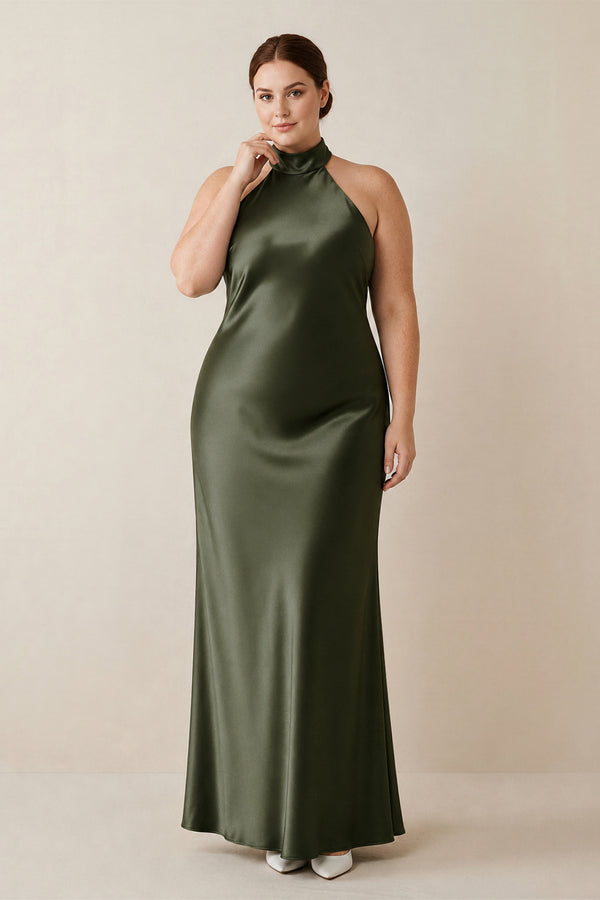 Willow Green Halter Sheath Satin Bridesmaid Dress | KISSBRIDAL[sizeplus]