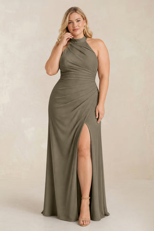 Willow Green High Neck Chiffon Sheath Ruched Bridesmaid Dress [sizeplus] | KISSBRIDAL