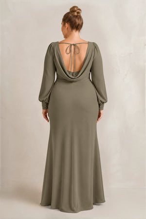 Willow Green Long Sleeve V-Neck Sheath Chiffon Bridesmaid Dress (2) [sizeplus] | KISSBRIDAL