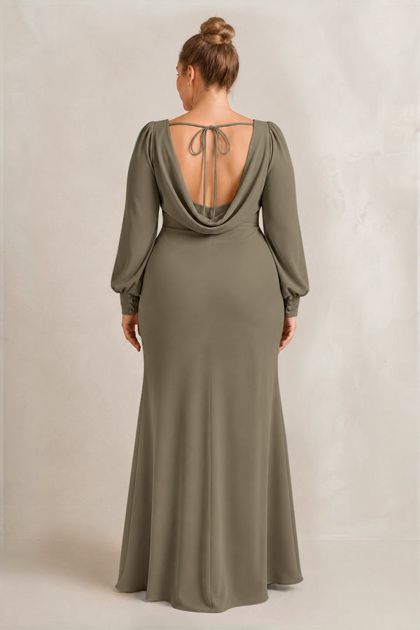 Willow Green Long Sleeve V-Neck Sheath Chiffon Bridesmaid Dress (2) [sizeplus] | KISSBRIDAL