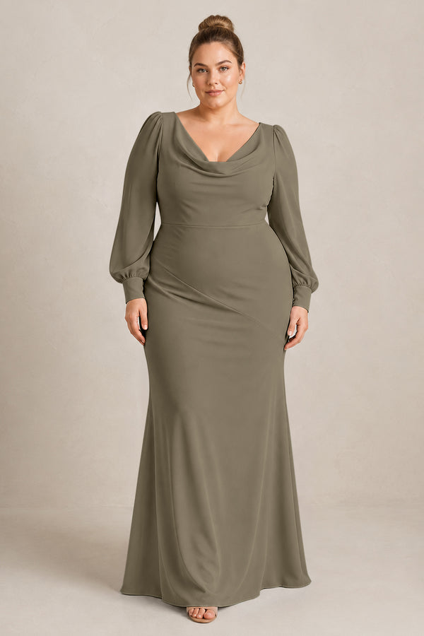 Willow Green Long Sleeve V-Neck Sheath Chiffon Bridesmaid Dress [sizeplus] | KISSBRIDAL
