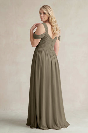 Willow Green Off-the-Shoulder A-Line Chiffon Bridesmaid Dress With Slit (2) | KISSBRIDAL