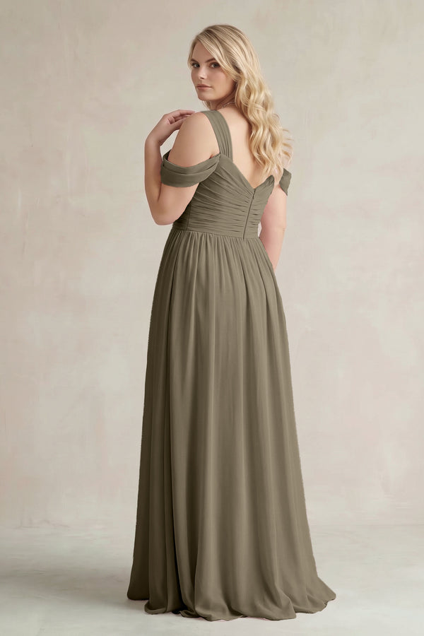 Willow Green Off-the-Shoulder A-Line Chiffon Bridesmaid Dress With Slit (2) | KISSBRIDAL